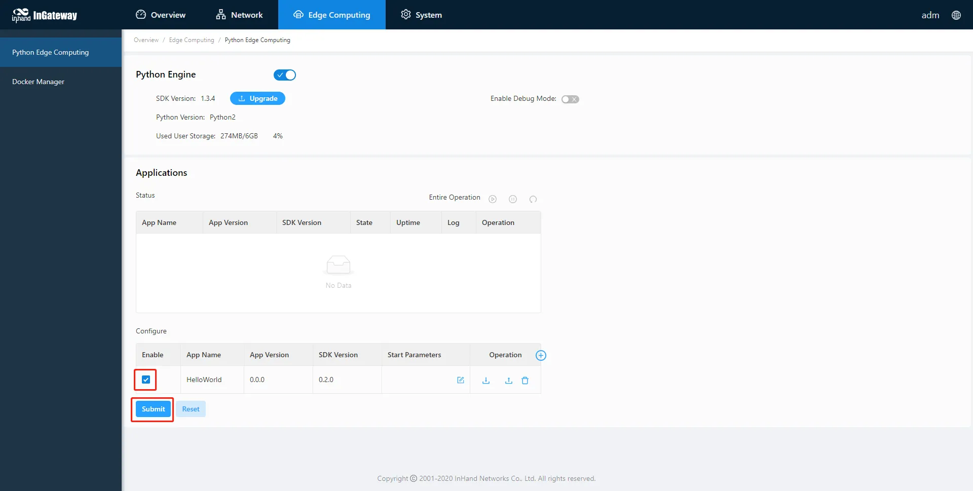Enable and submit Python App