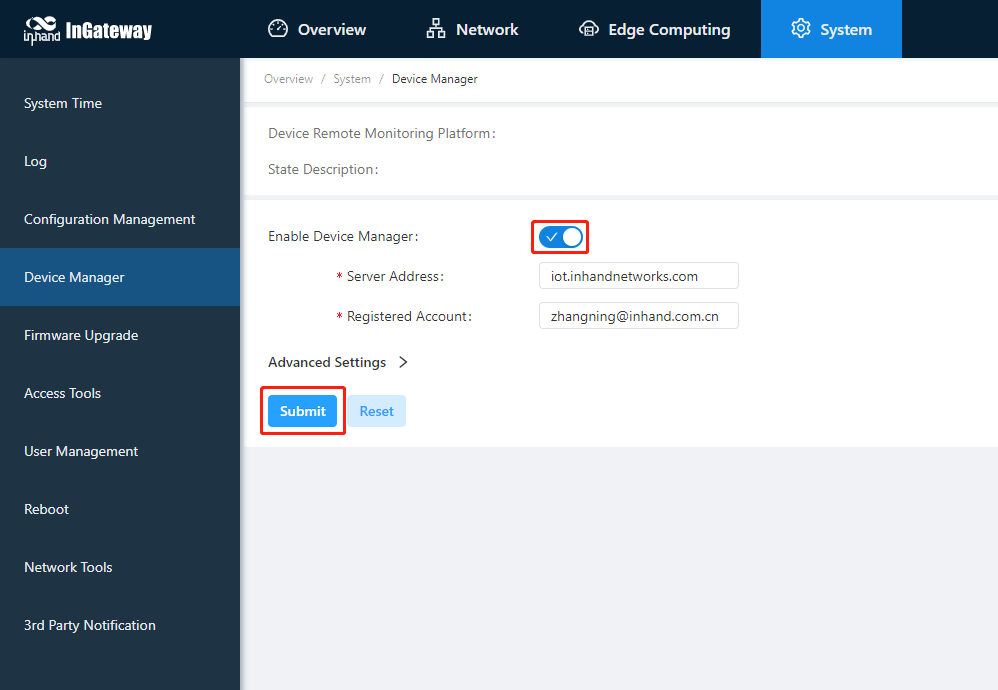 Device Manager connection status