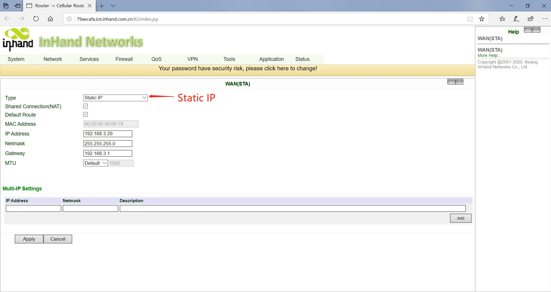 Static IP Configuration of WAN (STA)