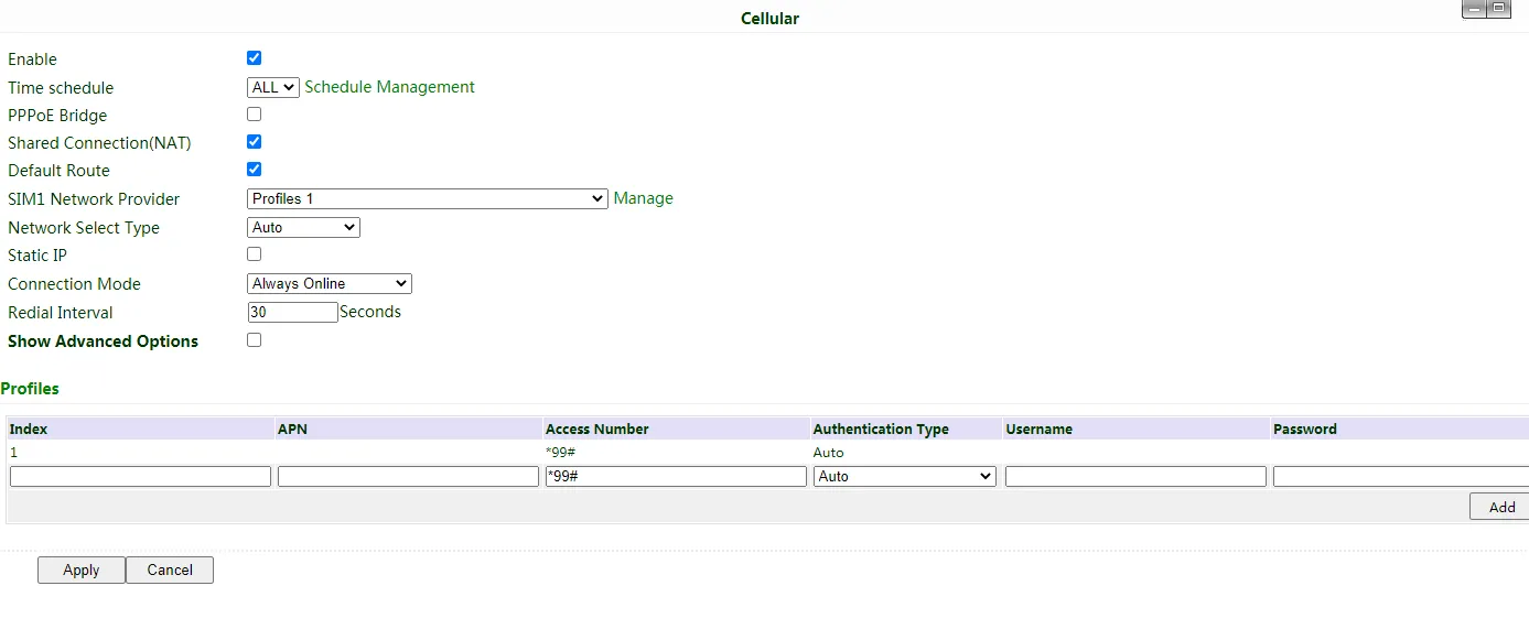 Cellular configuration page