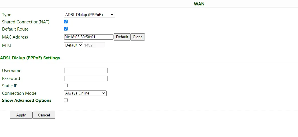 WAN configuration - ADSL Dialup