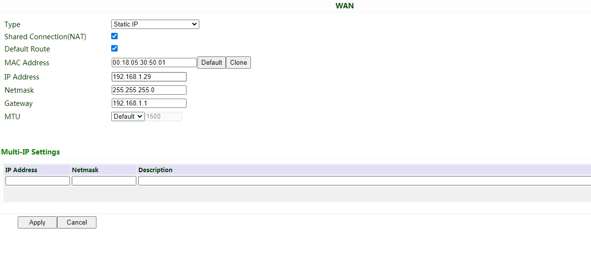 WAN configuration - Static IP