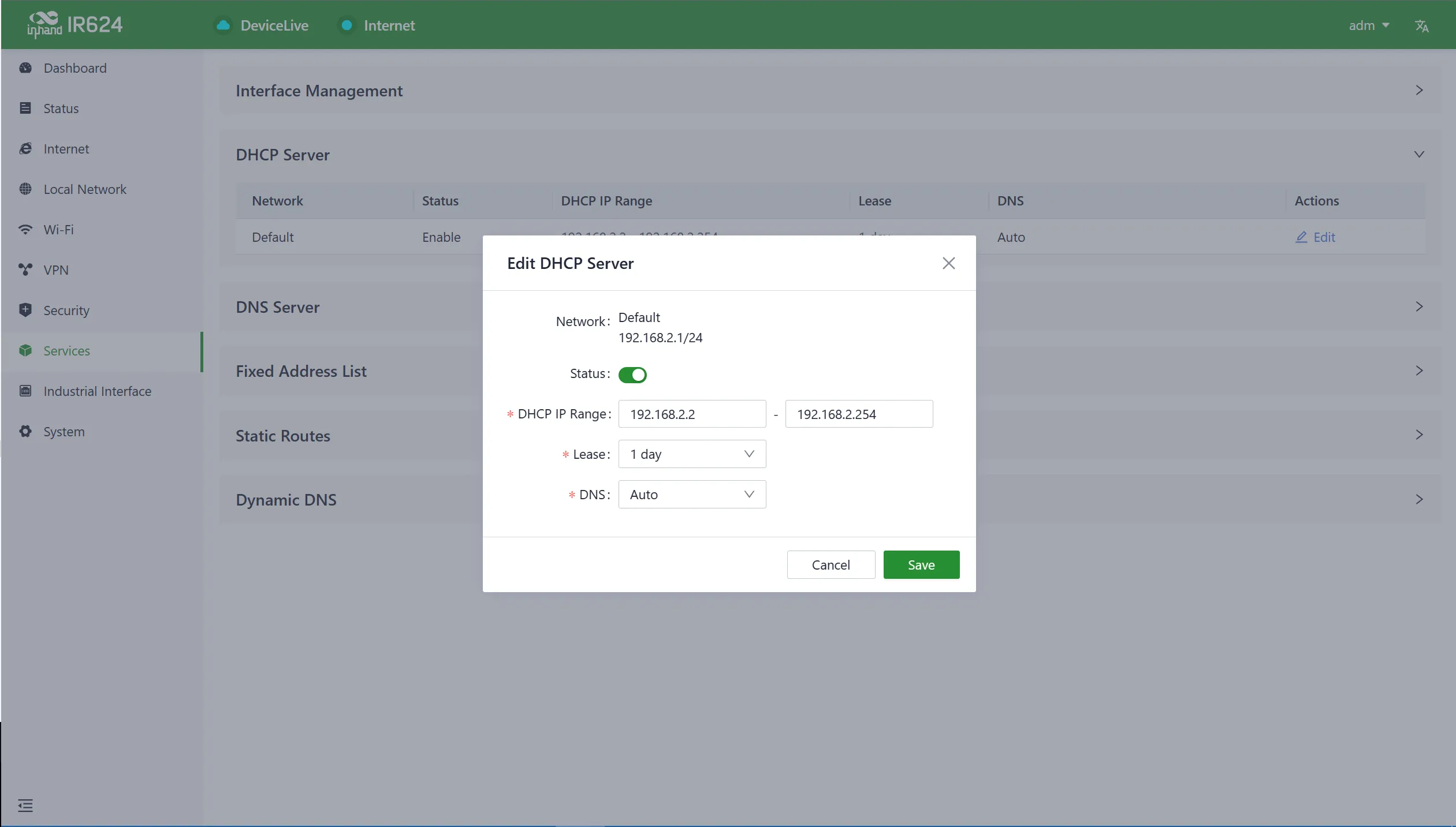 DHCP server configuration interface