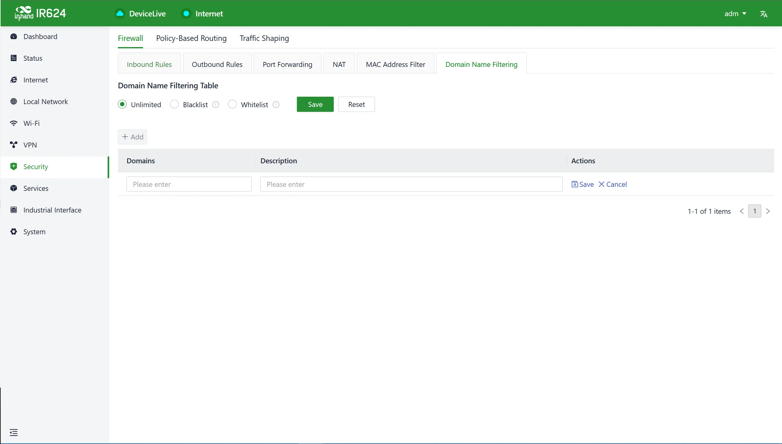 Domain name filtering configuration interface