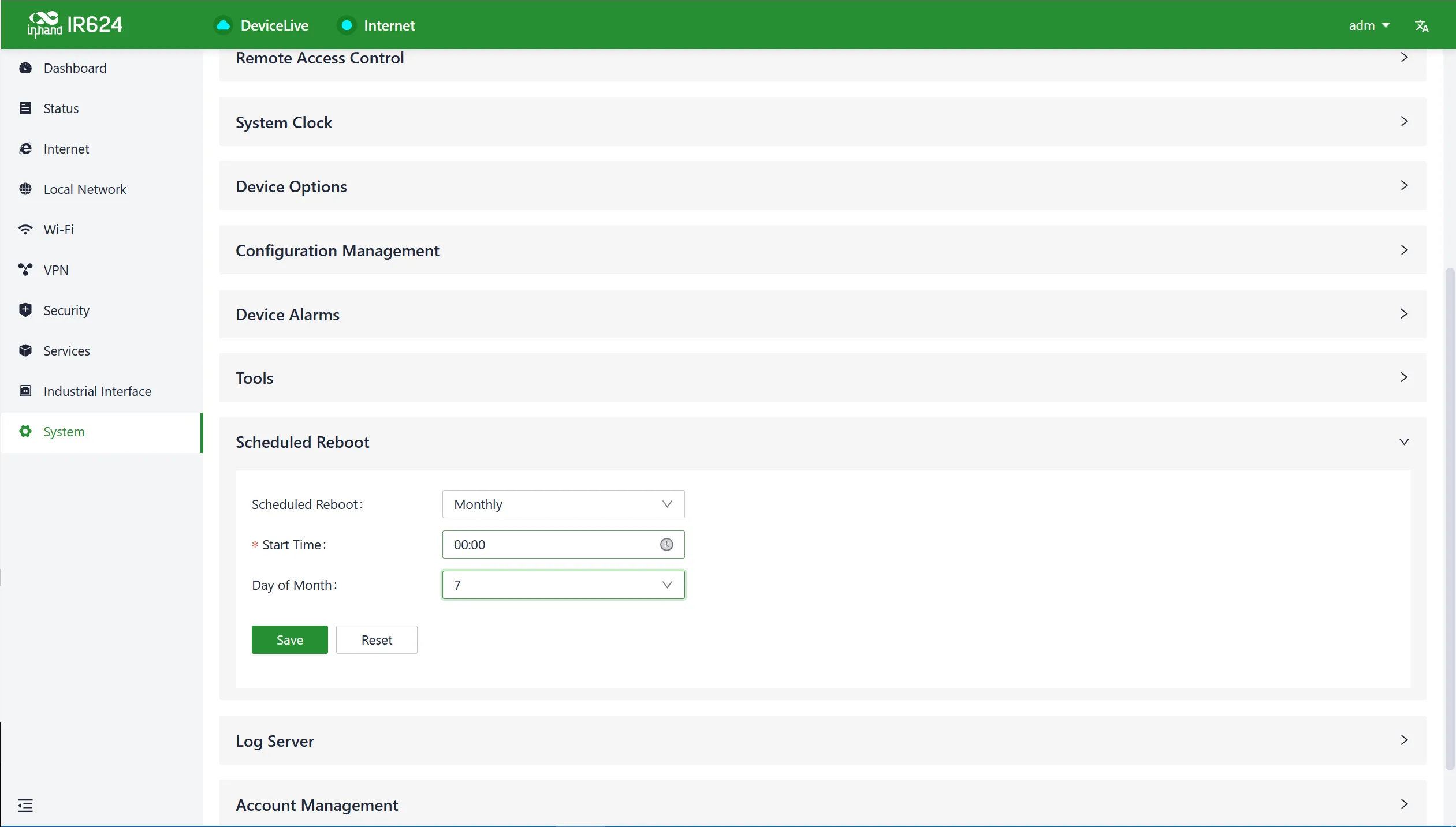 Scheduled reboot configuration interface