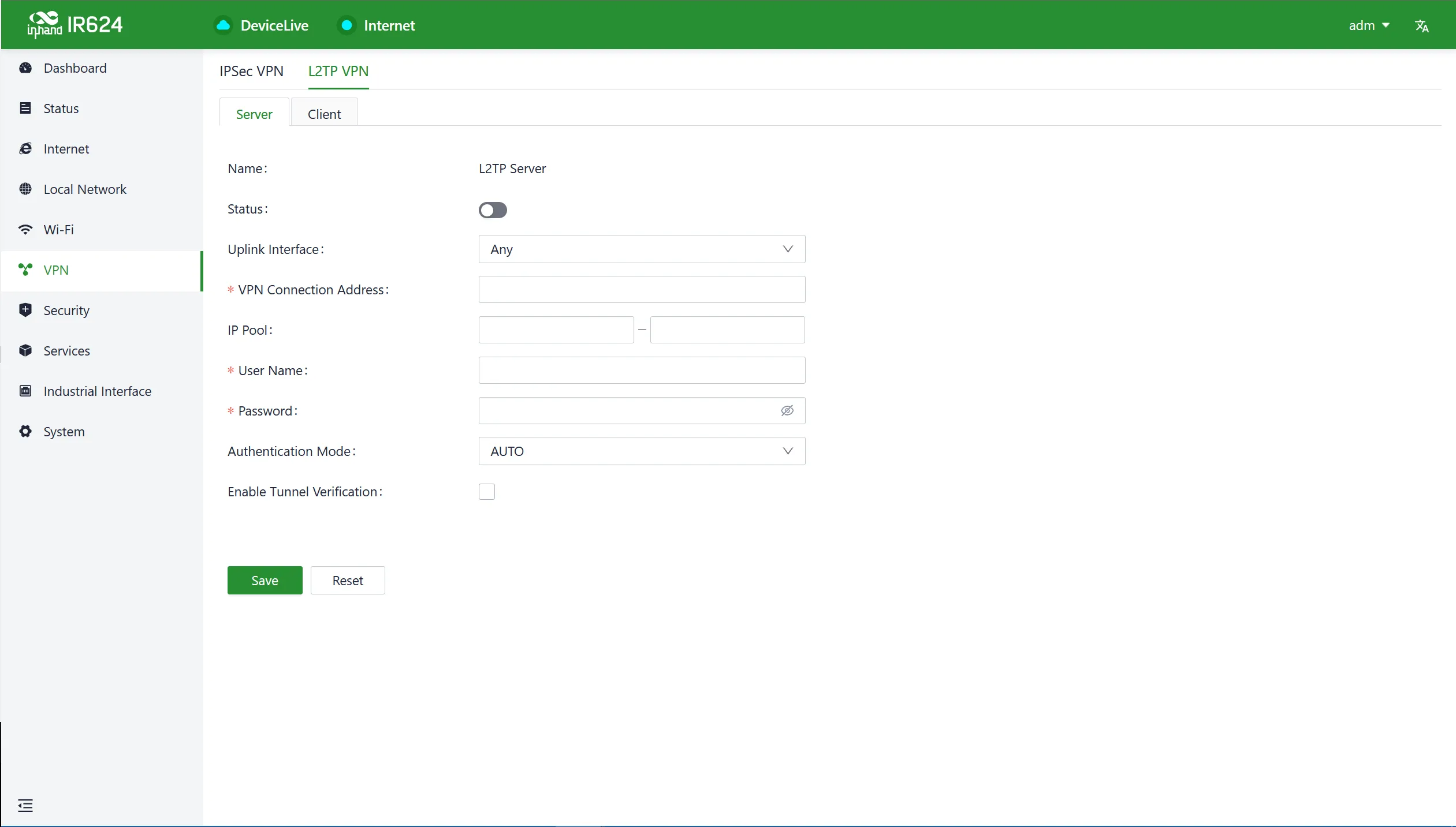 L2TP VPN server configuration interface