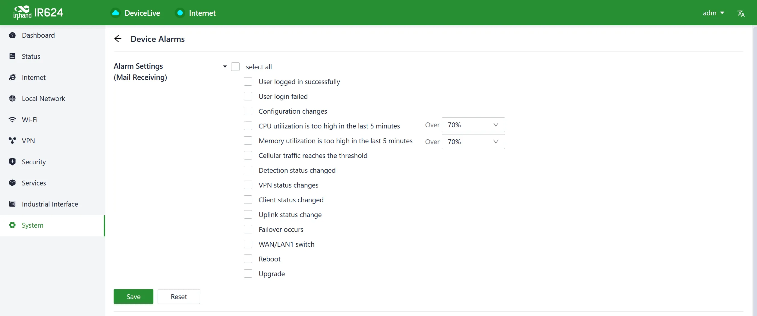 Device alarms configuration interface
