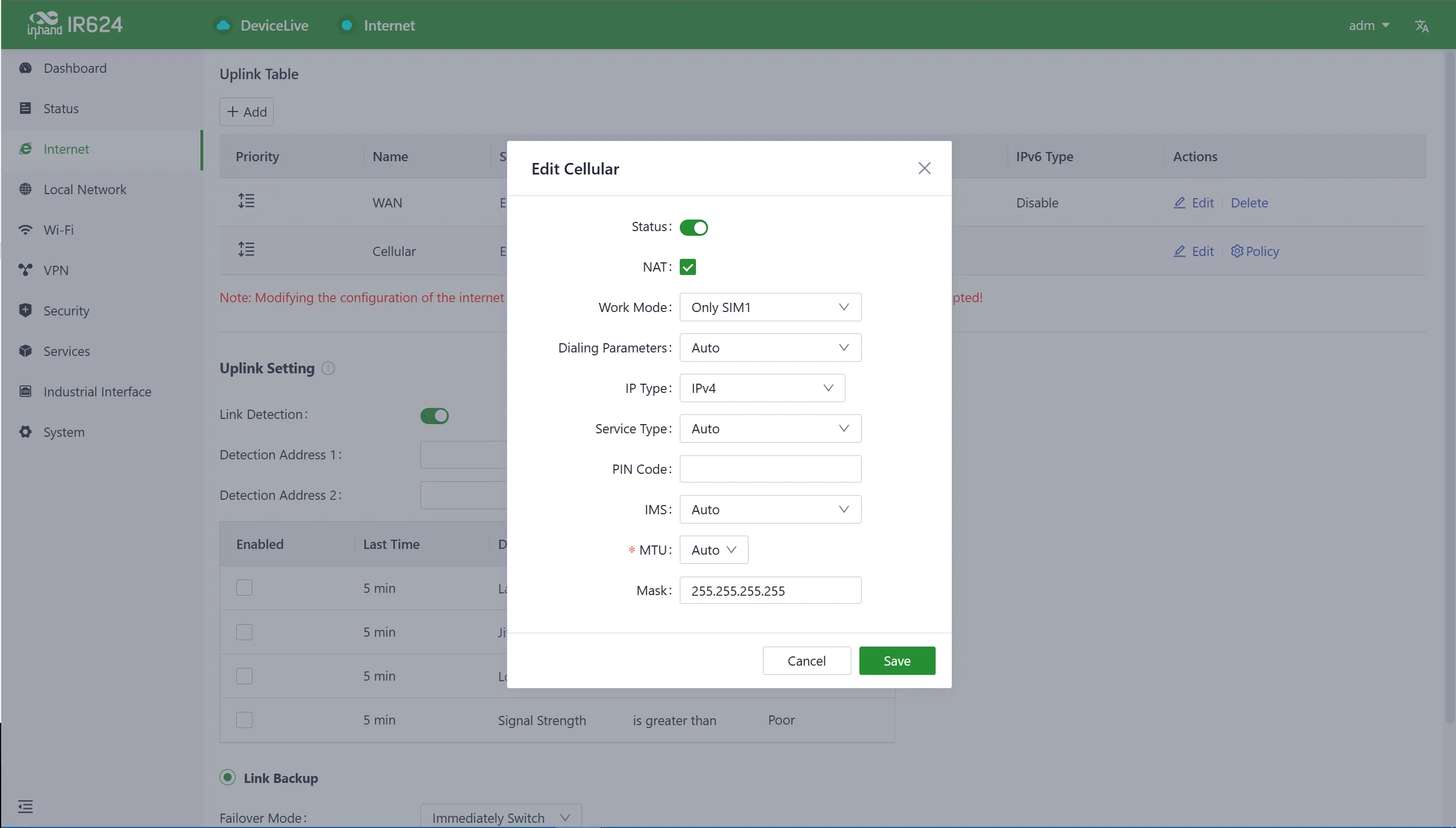 Cellular APN configuration interface