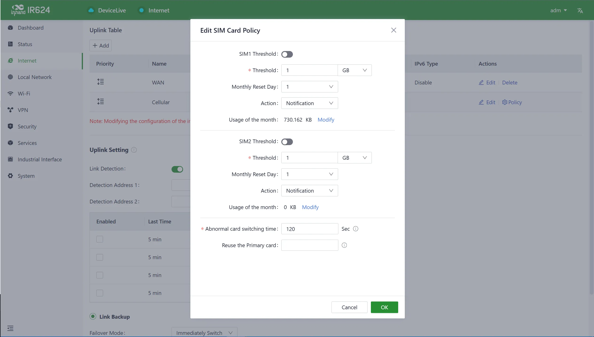 Cellular traffic policy interface