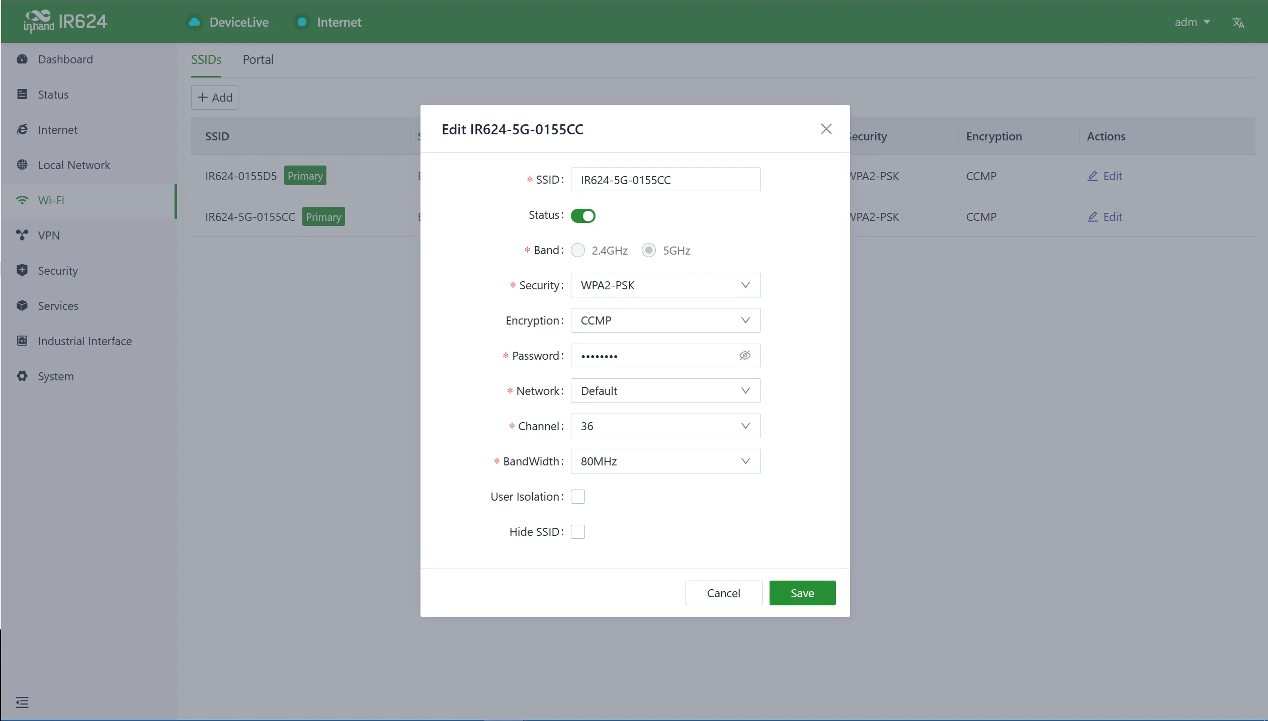 SSID add and edit interface