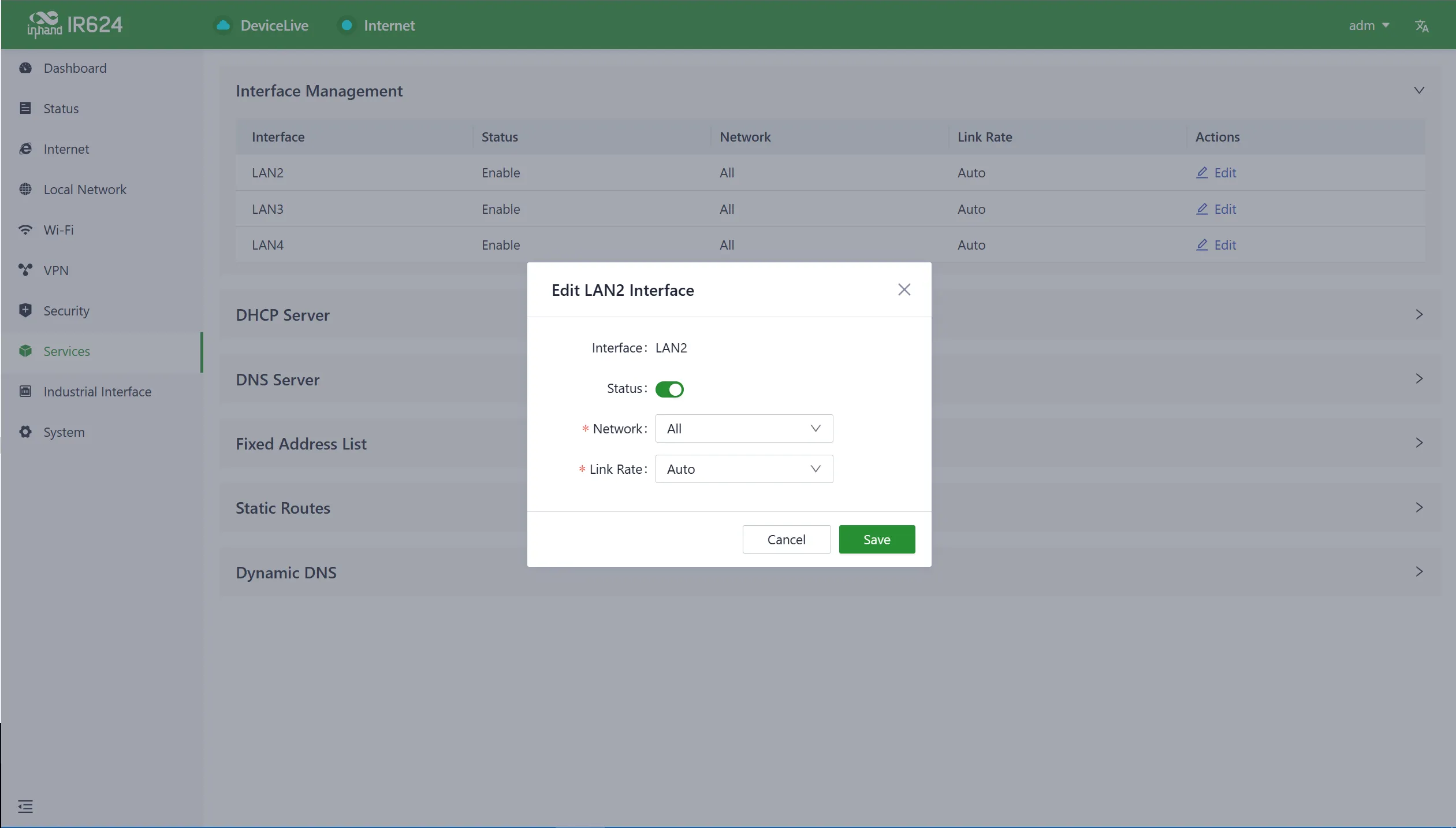 Interface management configuration interface