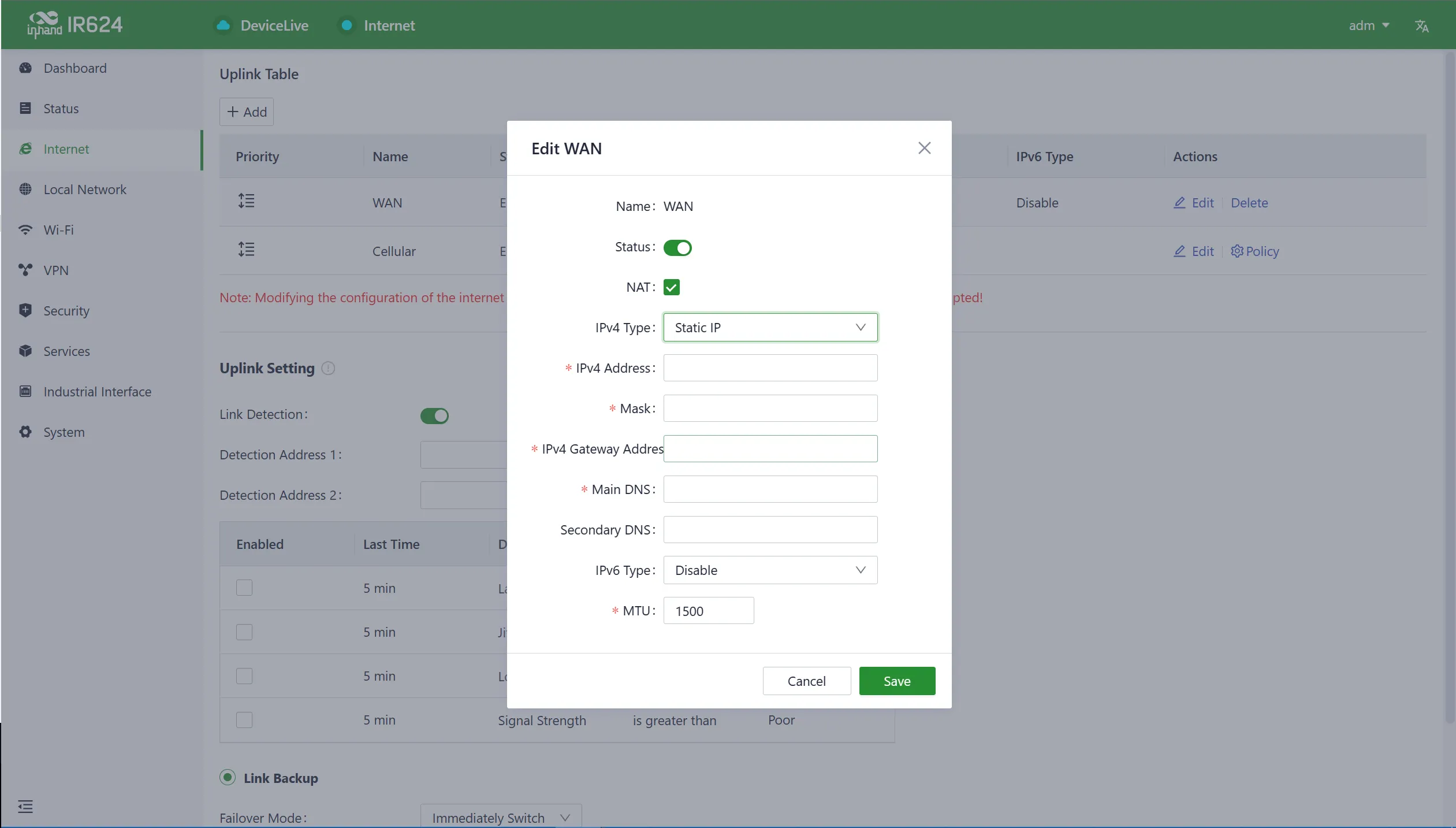 Static IP configuration interface