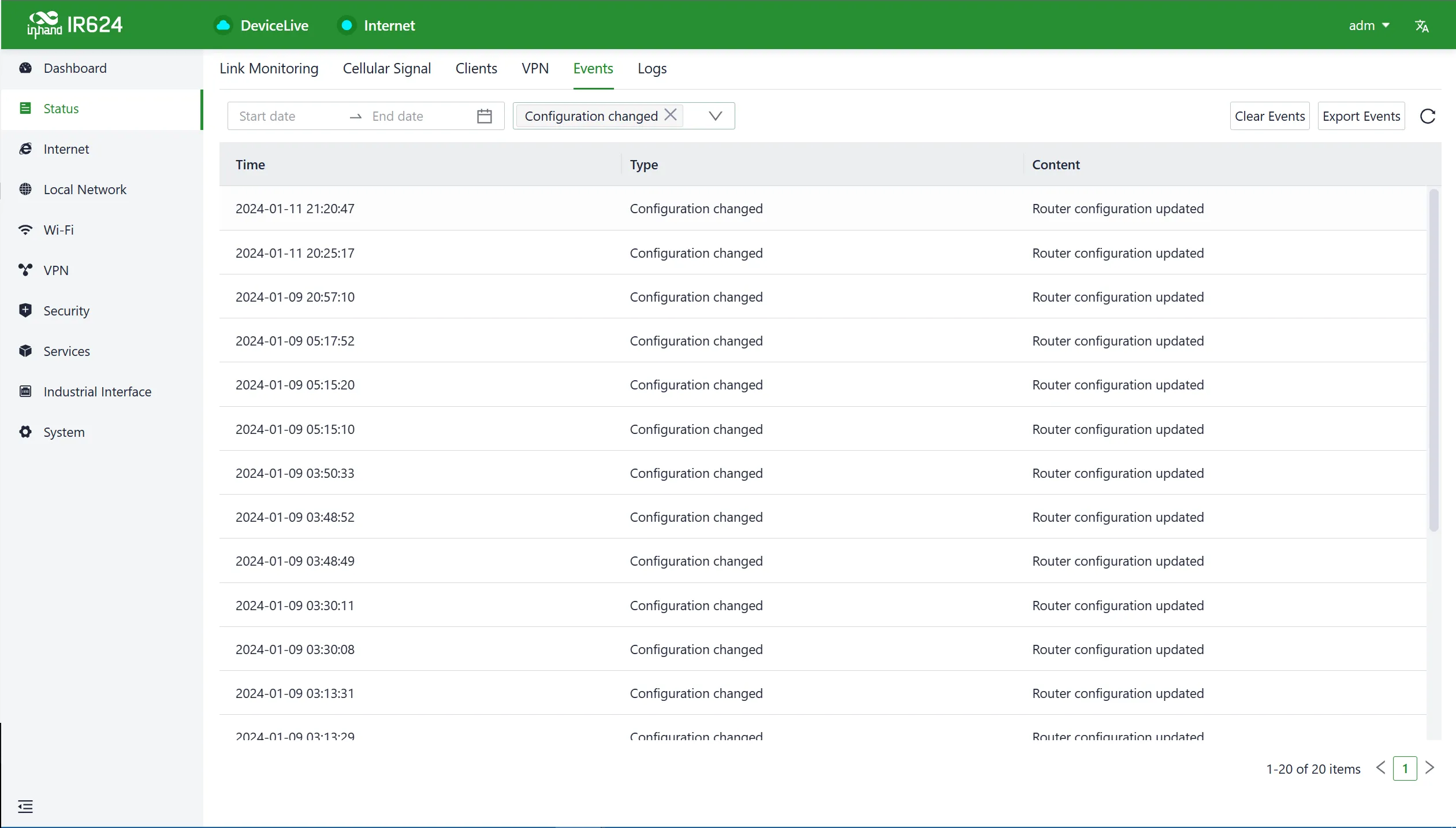 Events interface