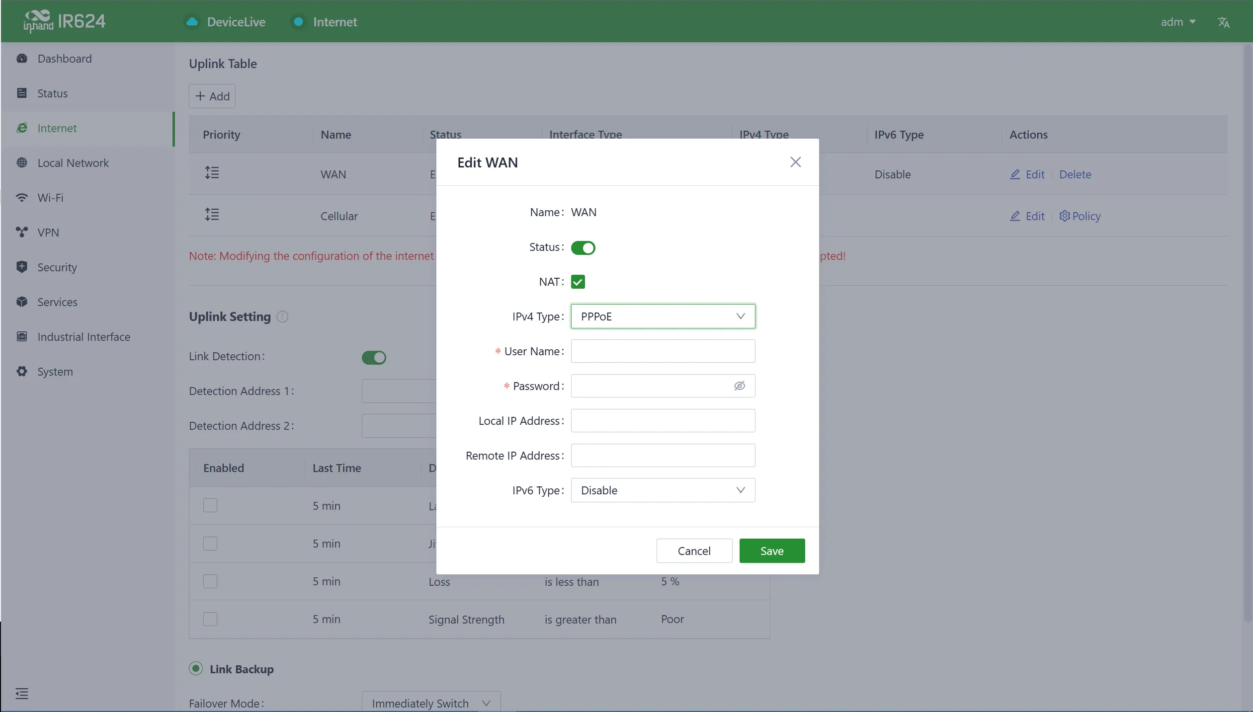 PPPoE configuration interface
