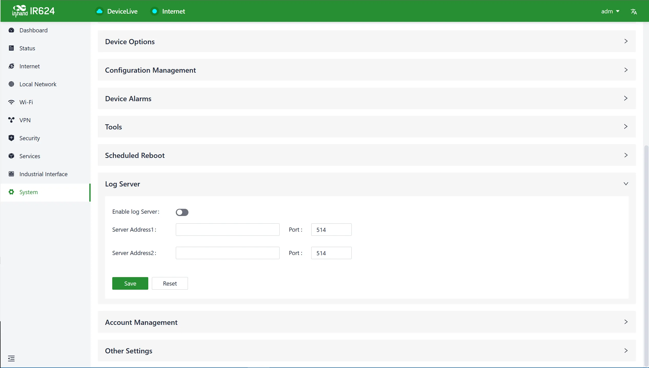 Log server configuration interface