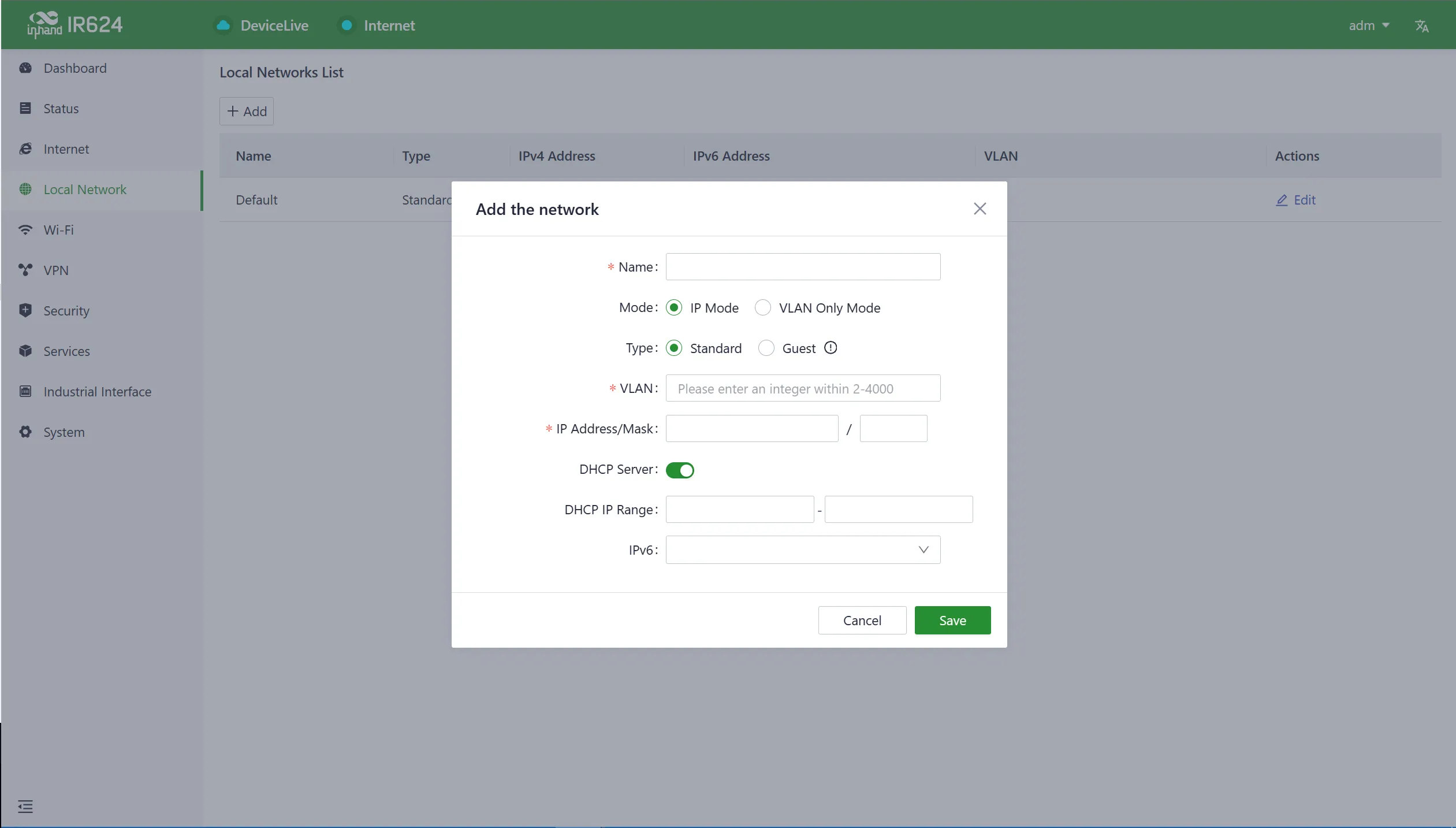 Local Network add or edit interface