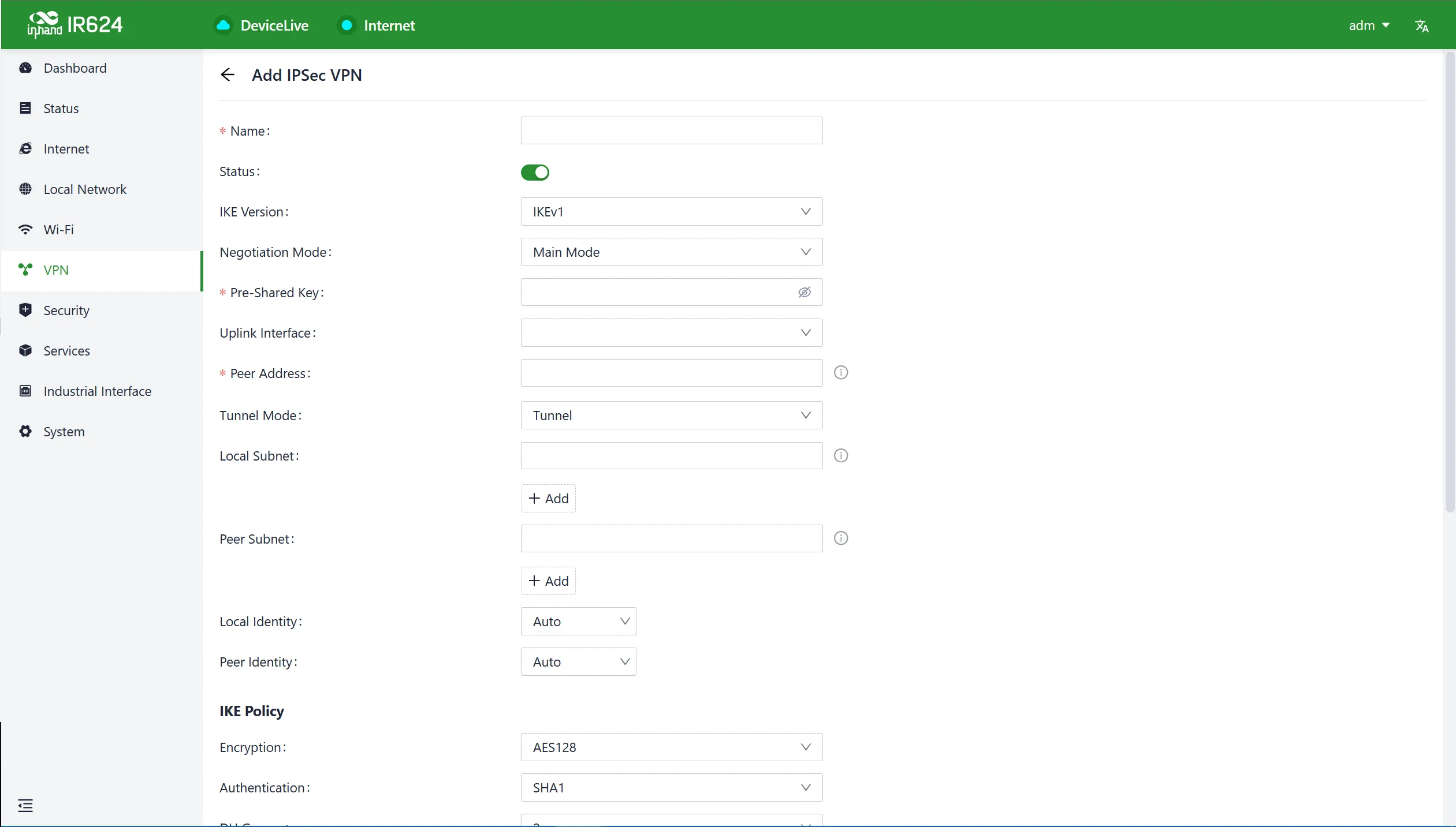 IPSec VPN configuration interface