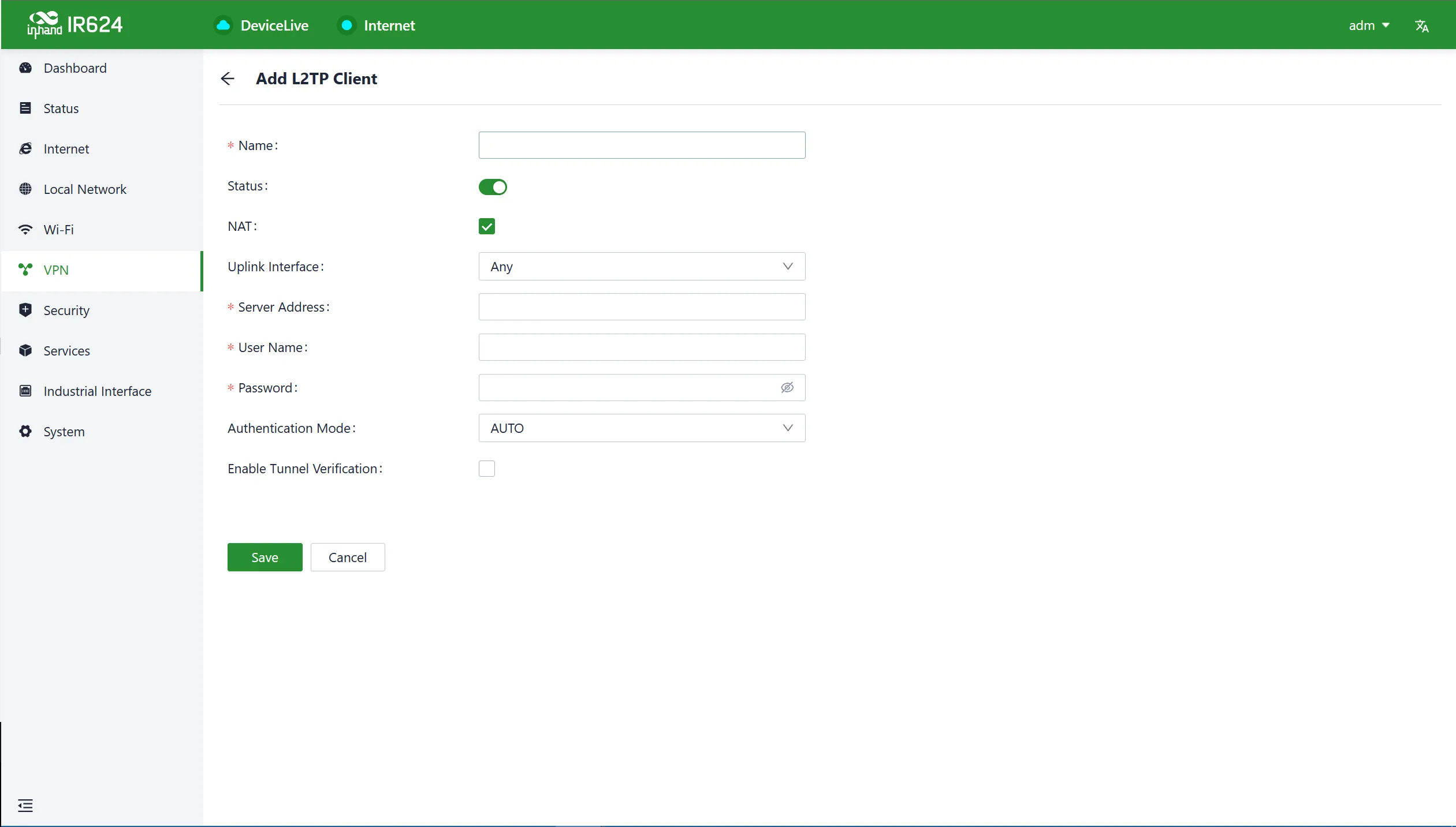 L2TP VPN client configuration interface