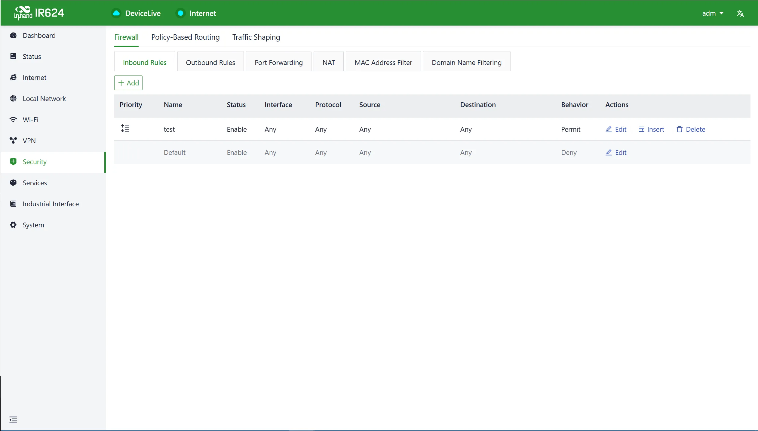 Inbound and outbound firewall rules configuration interface