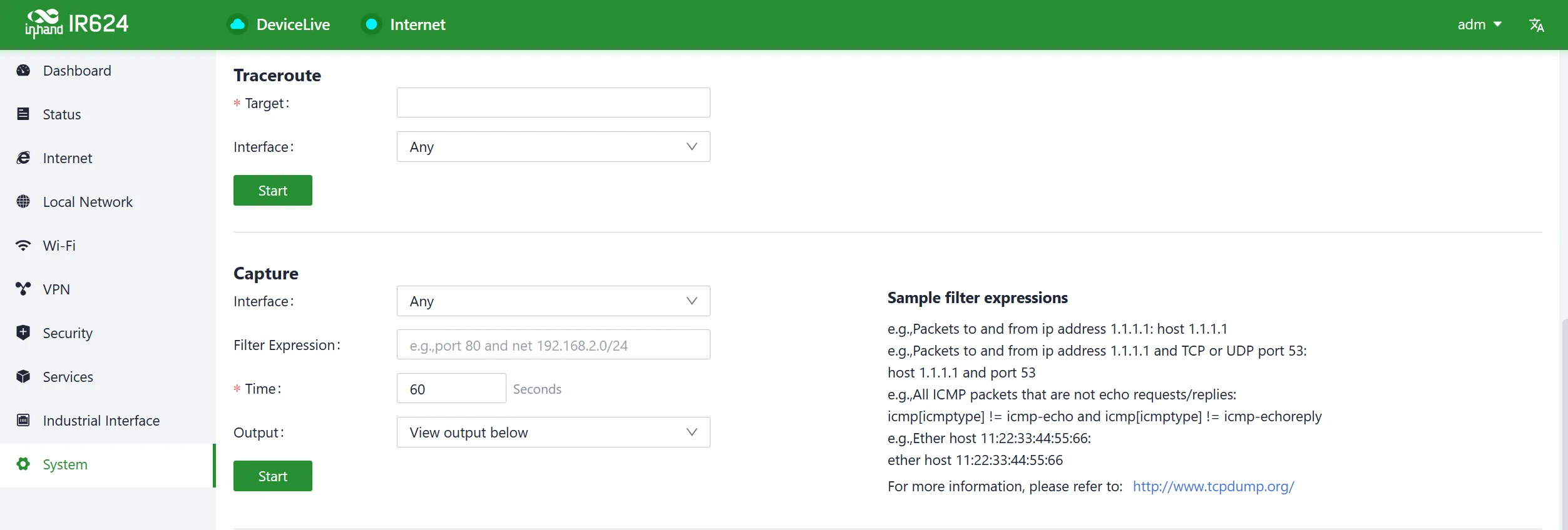 Packet capture tool interface