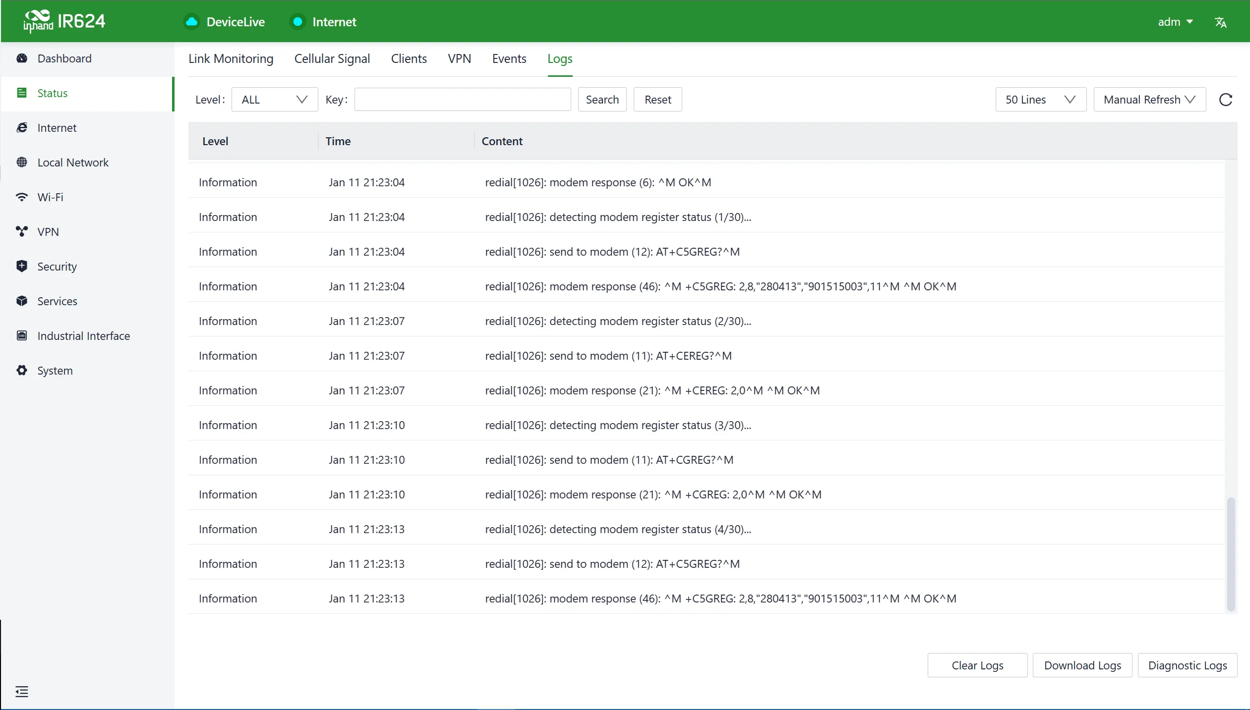 Logs interface