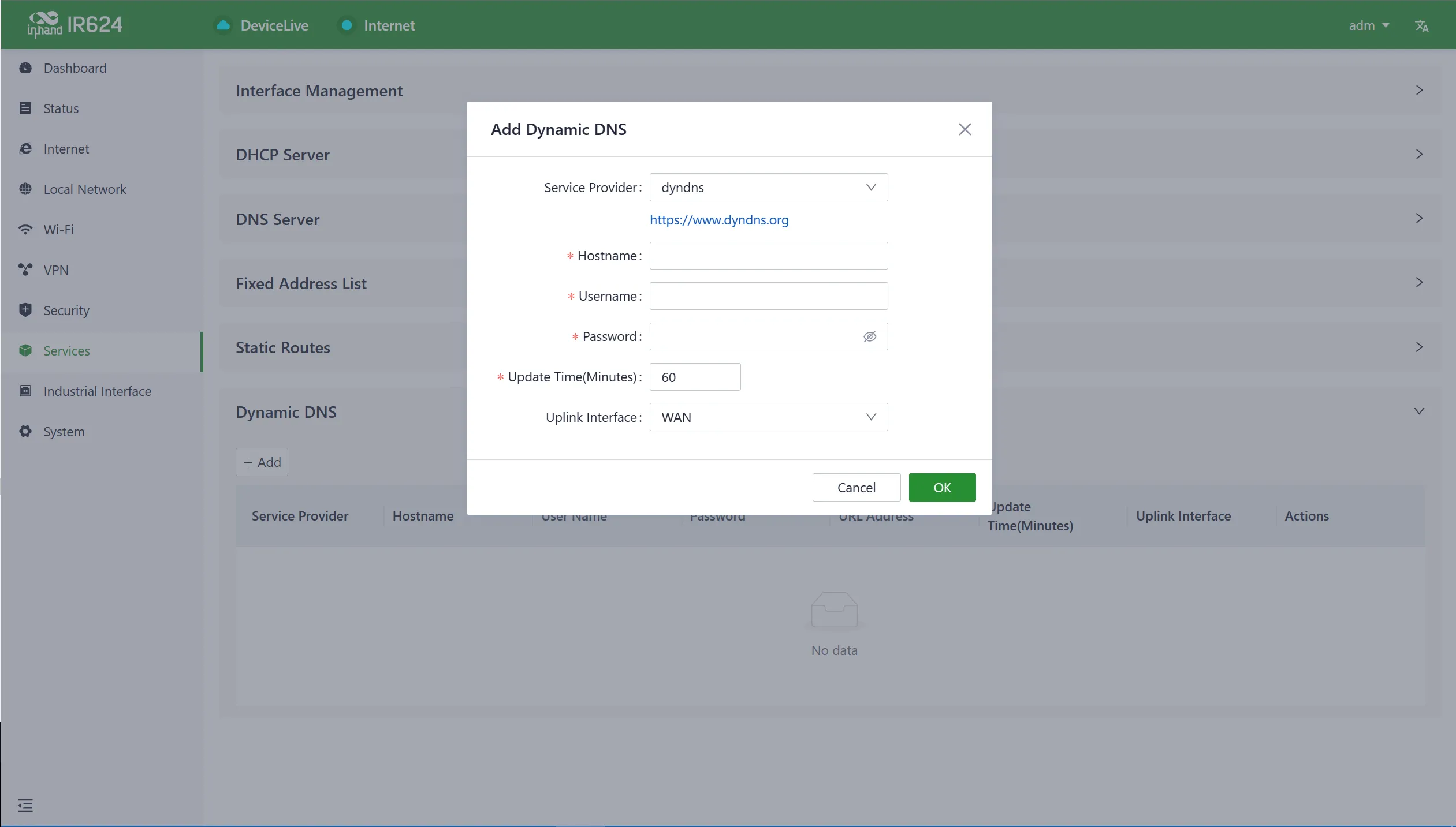 Dynamic DNS configuration interface