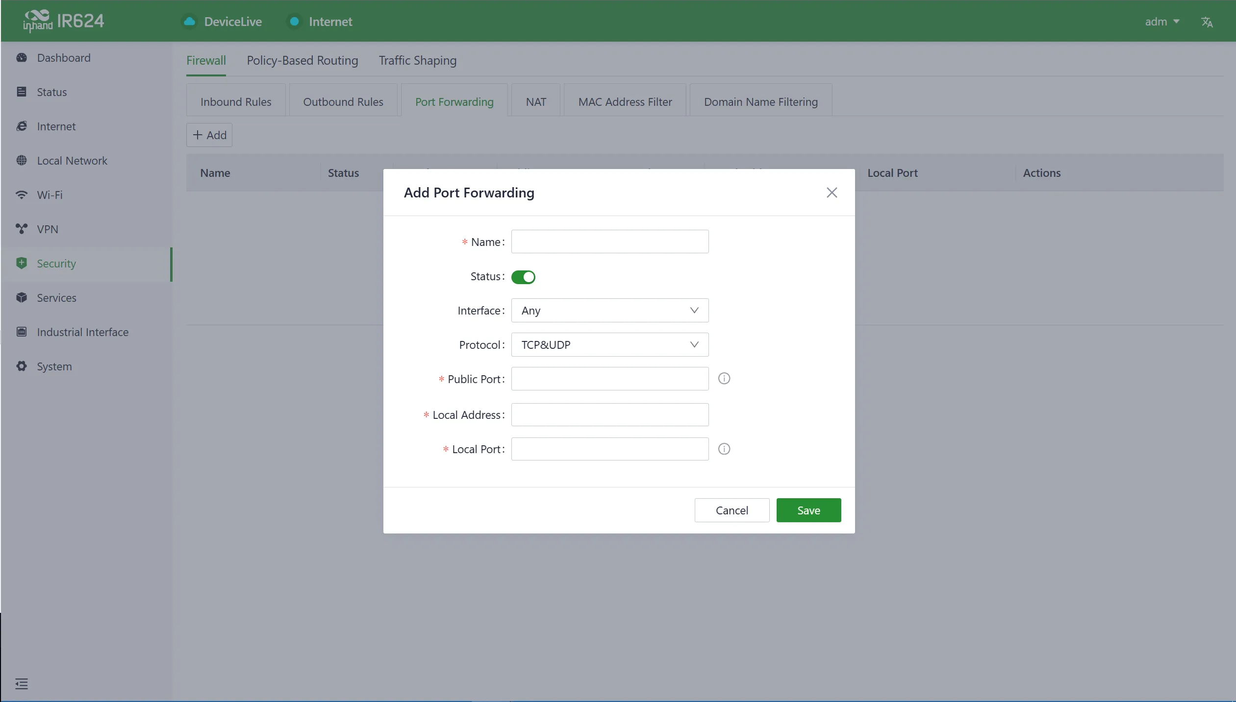 Port forwarding configuration interface
