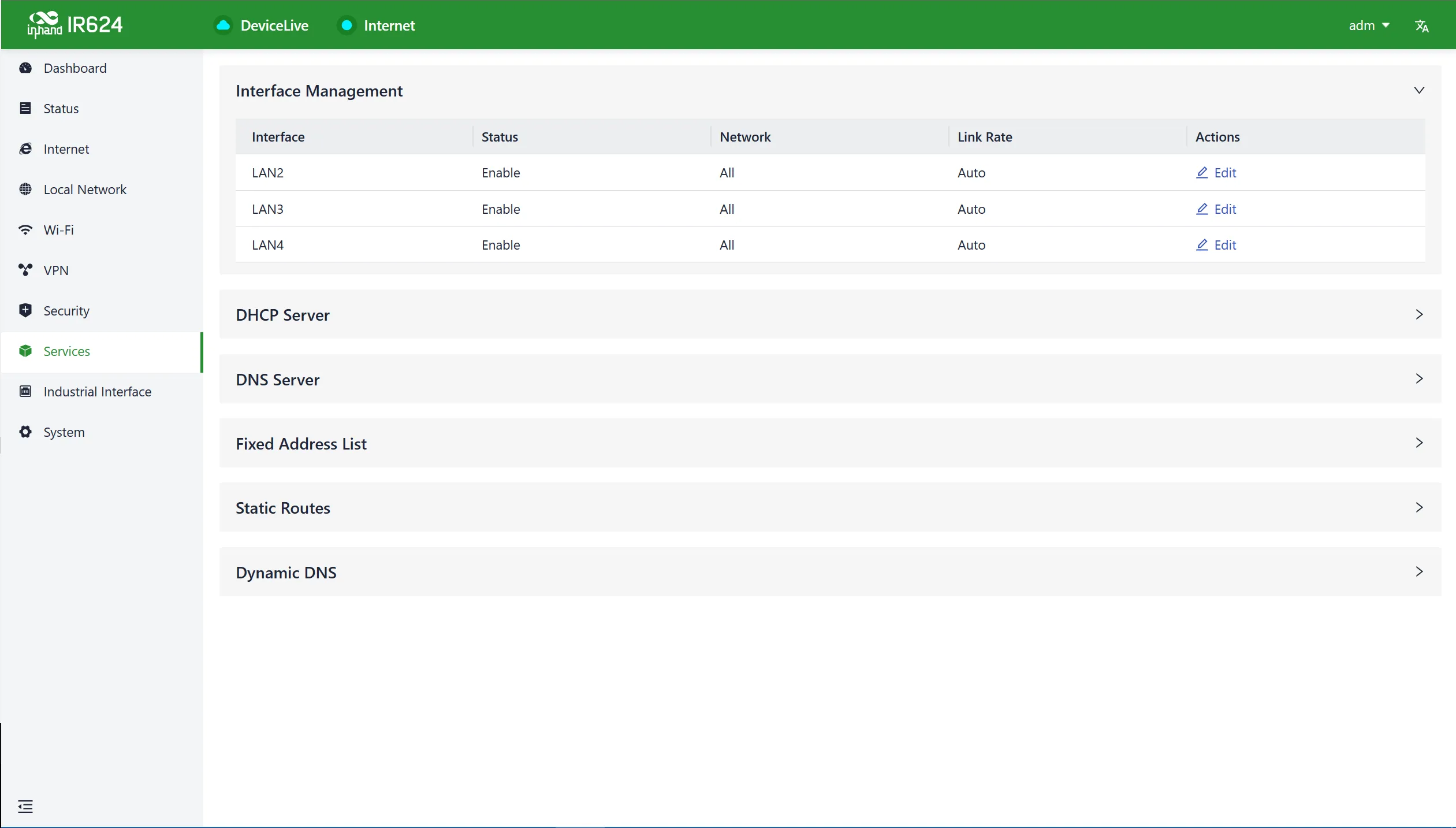 Interface management list interface