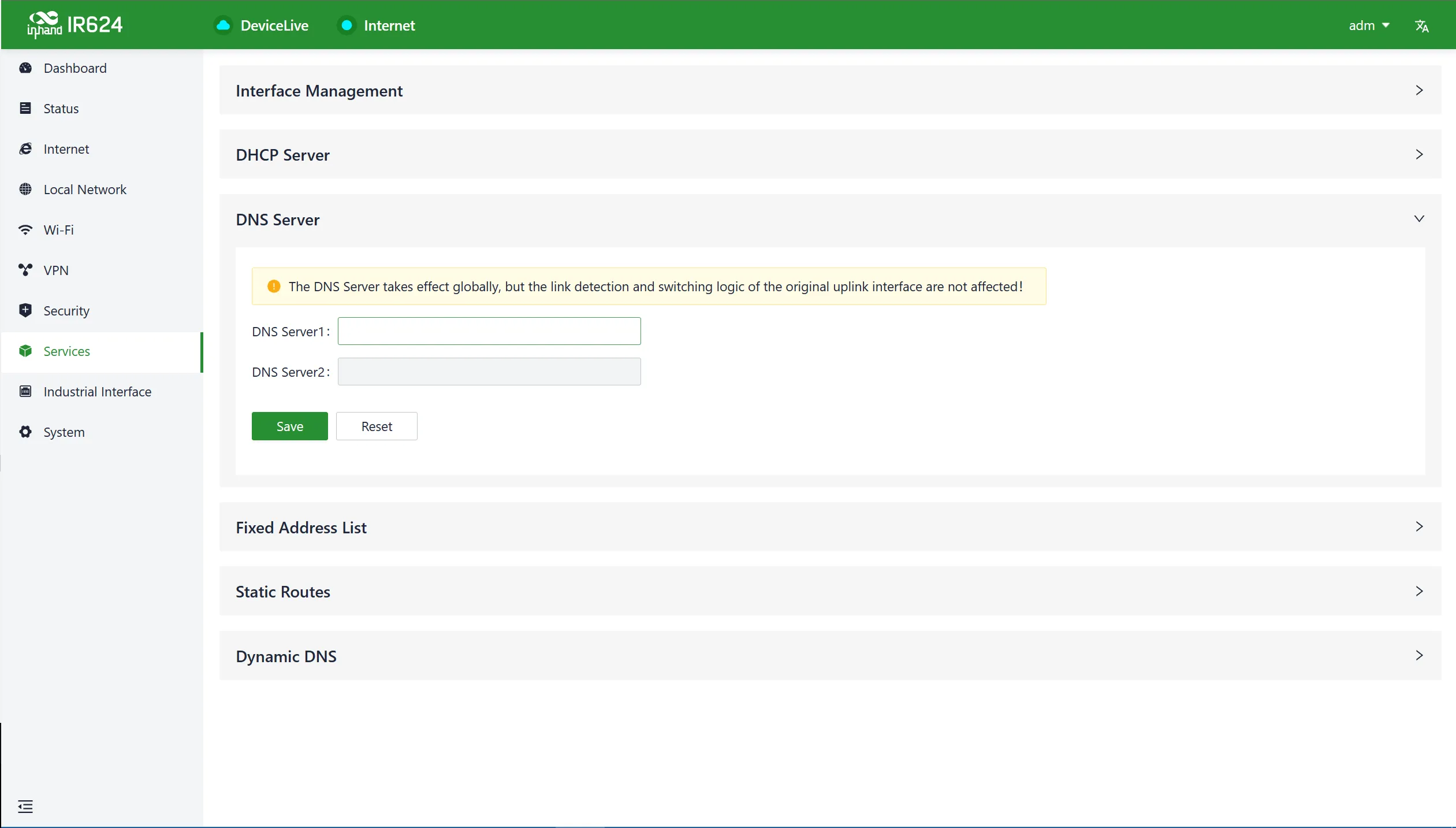 DNS server configuration interface