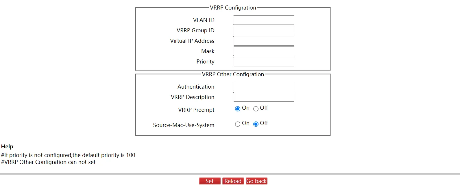 VRRP Configuration Page