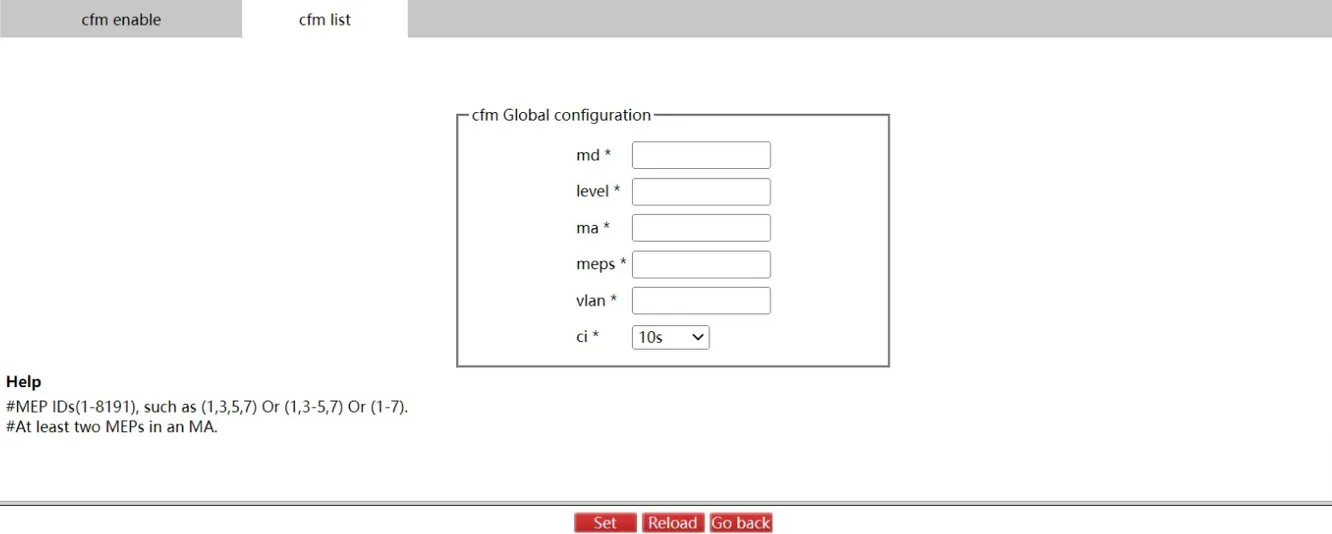CFM Global Configuration Page