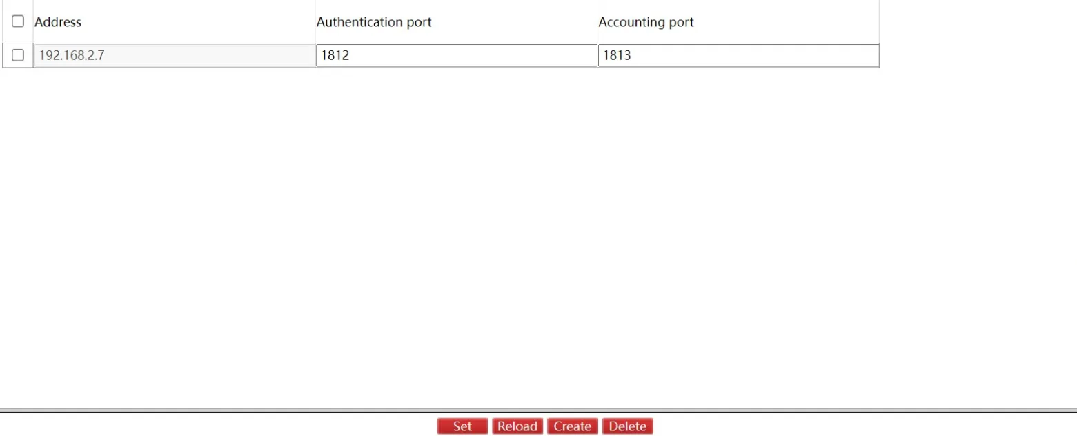RADIUS Service Configuration Page