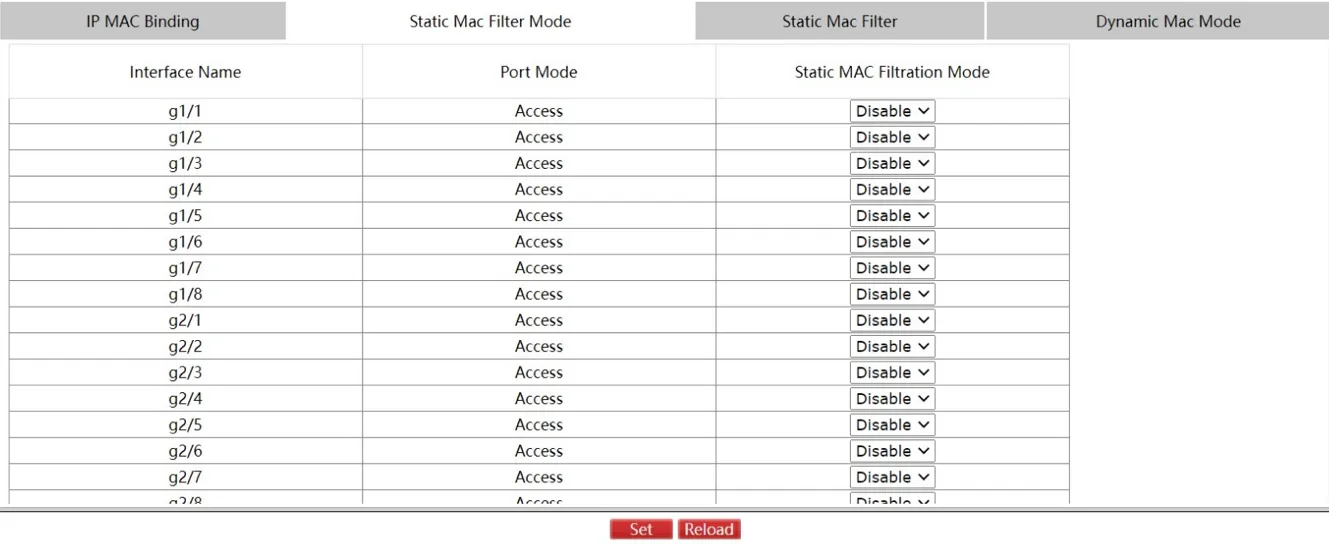 Static MAC Filter Mode Page