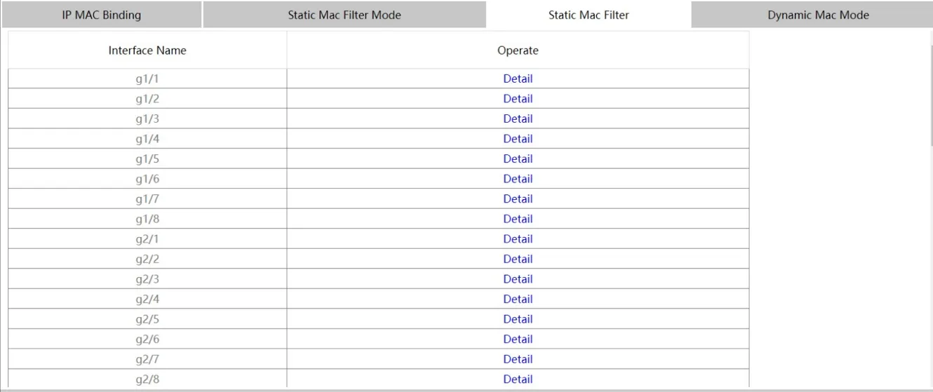 Static MAC Filter Page