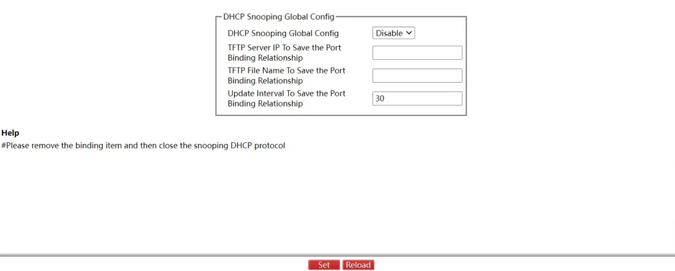 DHCP Snooping Global Configuration Page
