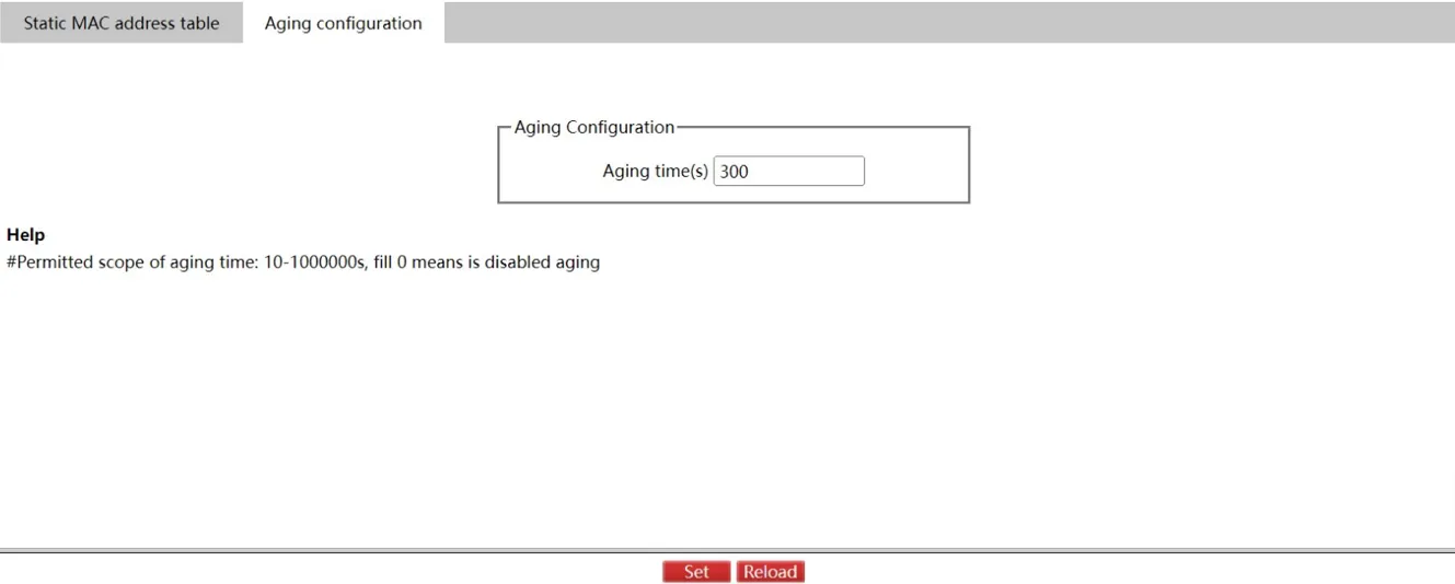 MAC Address Aging Configuration Page