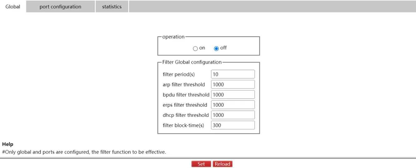 Filter Function Global Configuration Page