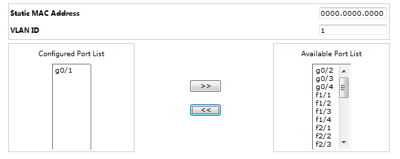Static MAC Address Configuration Page