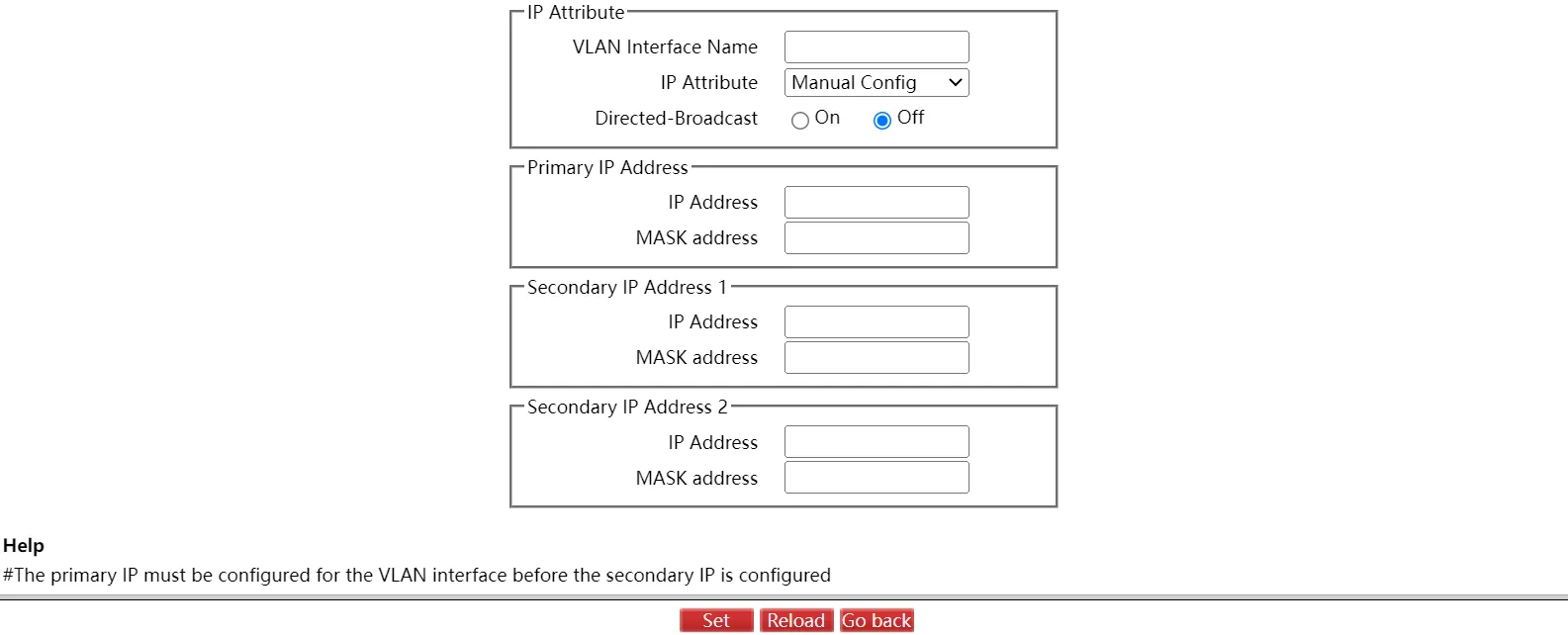 VLAN Interface Detail Configuration Page