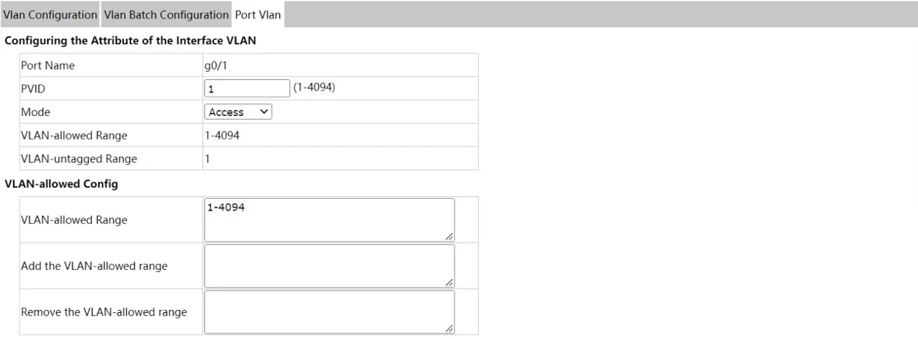 Port VLAN Feature Configuration Page