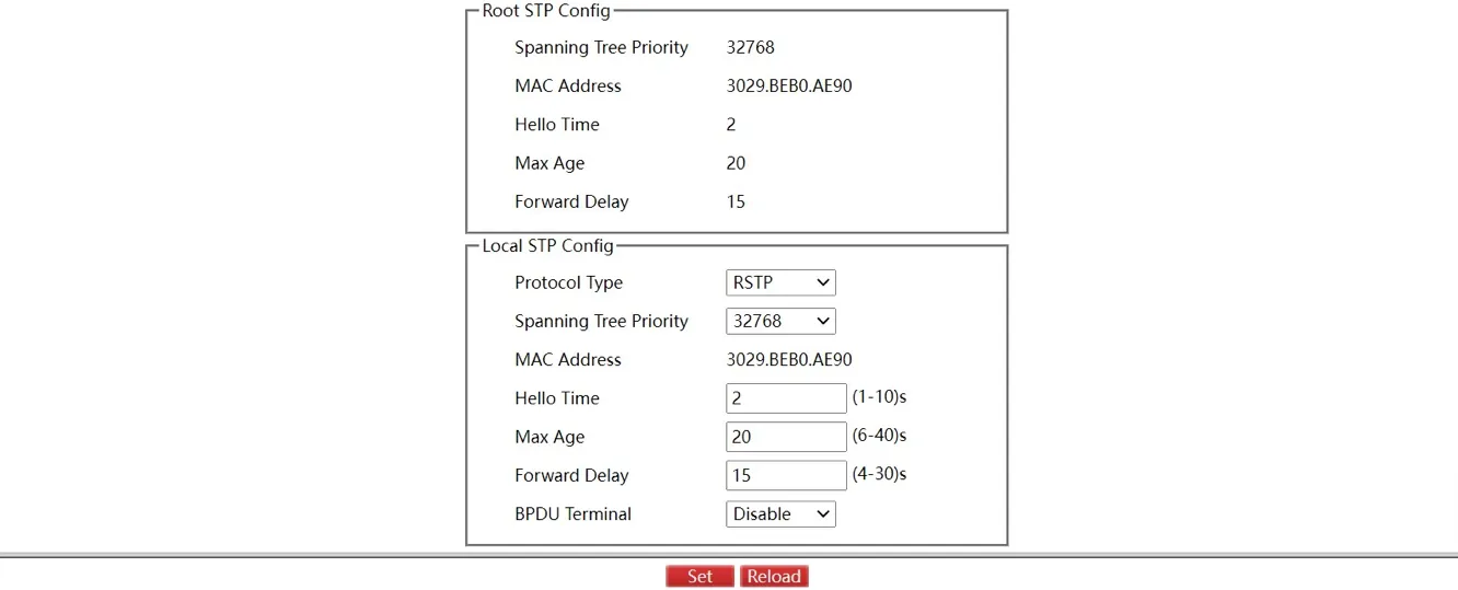 Spanning Tree Global Configuration Page