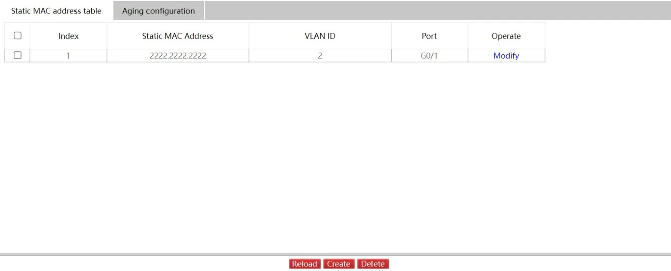 Static MAC Address Table Page