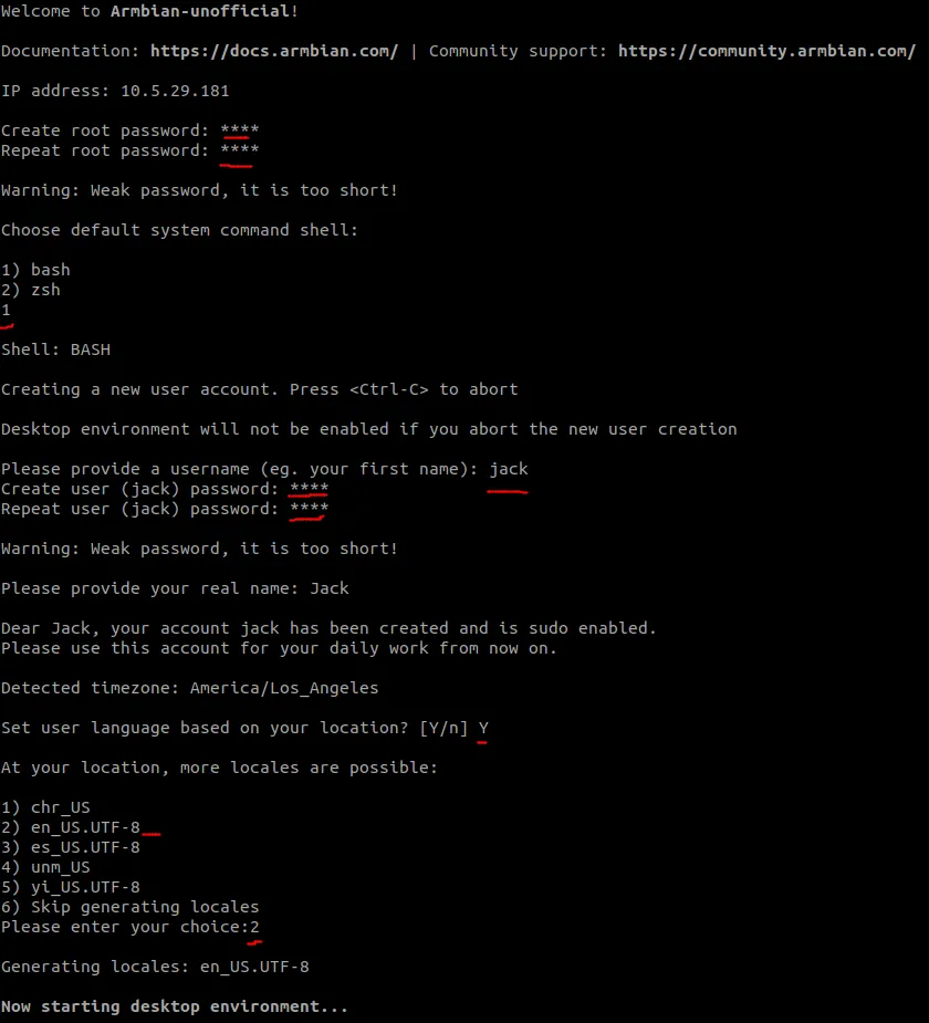 Armbian first-login initialization wizard