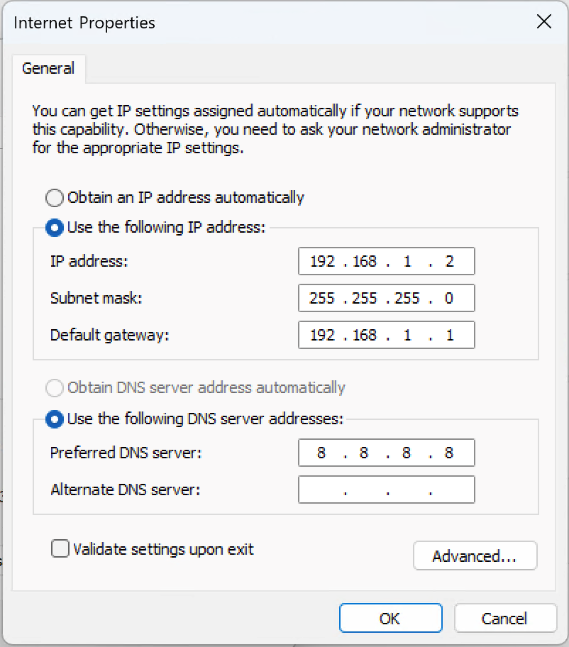 Network configuration (static IP)