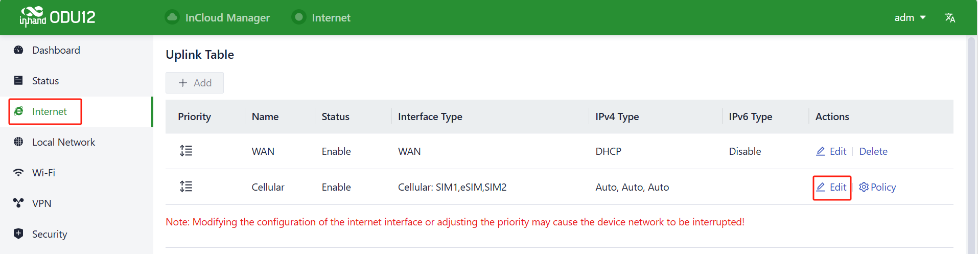 Uplink interface configuration