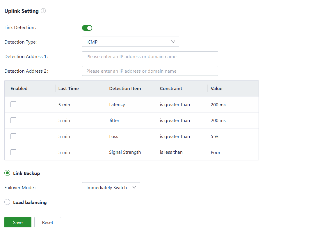 Link detection settings