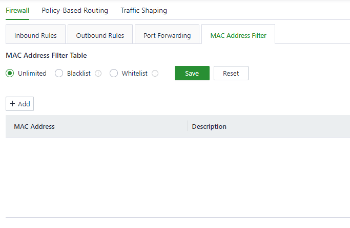MAC address filter settings