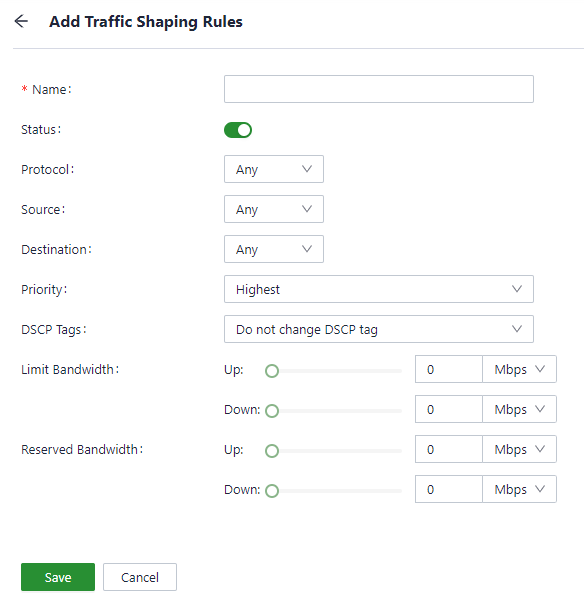 Traffic shaping rules configuration