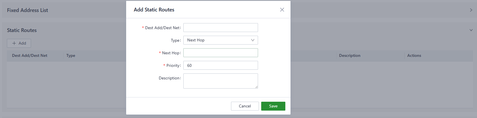 Static routes settings