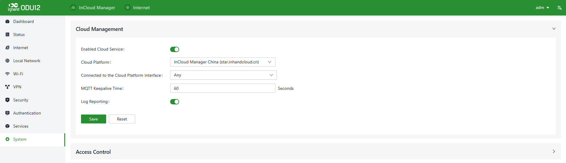 Cloud management settings